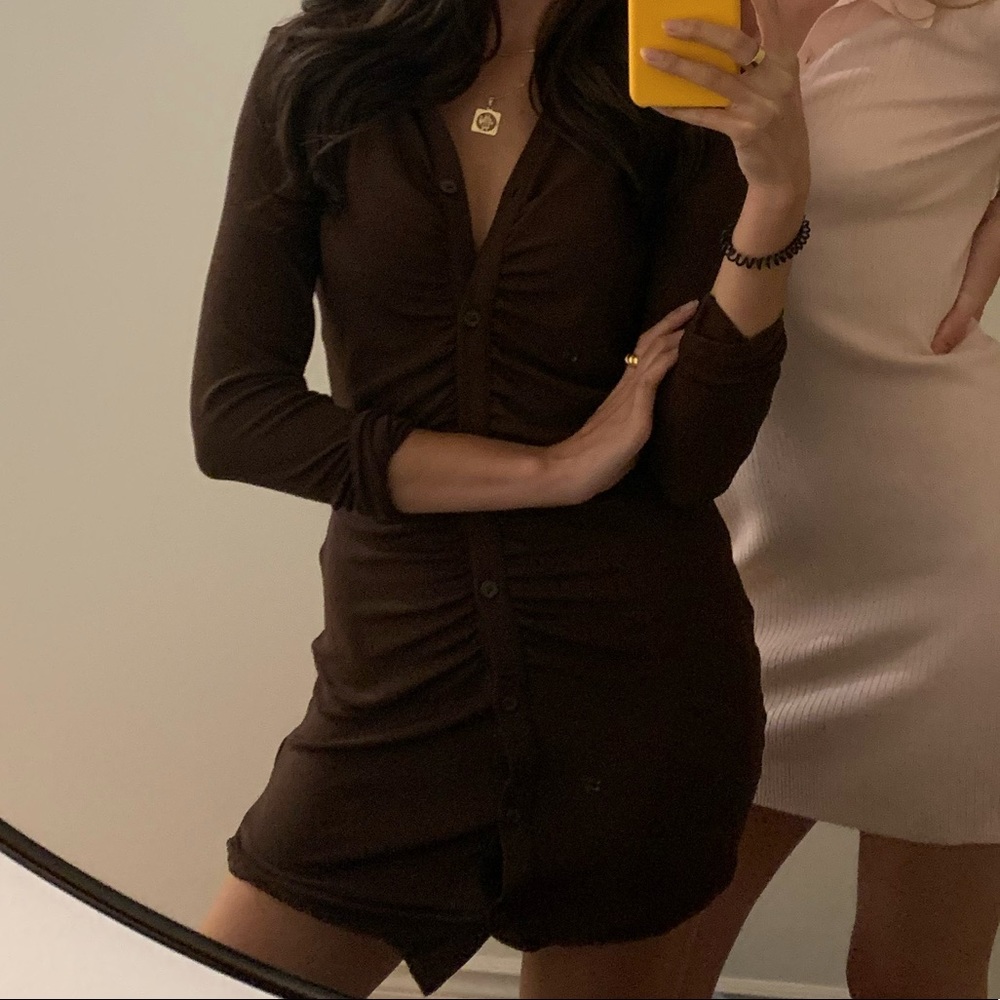 H&M brown ruched button up shirt dress